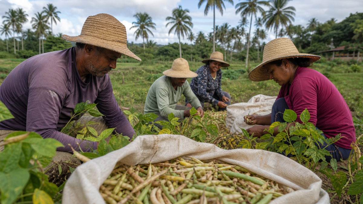 Agricultores participam da colheita de feijão do Projeto Maná em área rural de Coruripe, Alagoas