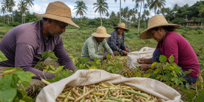 Agricultores participam da colheita de feijão do Projeto Maná em área rural de Coruripe, Alagoas