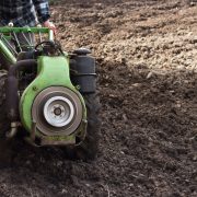 Produtor conduz um trator agrícola de pequeno porte em um campo recém-arado para preparar o solo.
