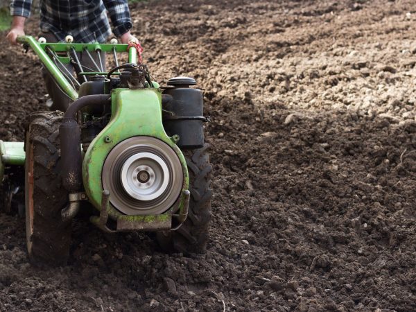 Produtor conduz um trator agrícola de pequeno porte em um campo recém-arado para preparar o solo.